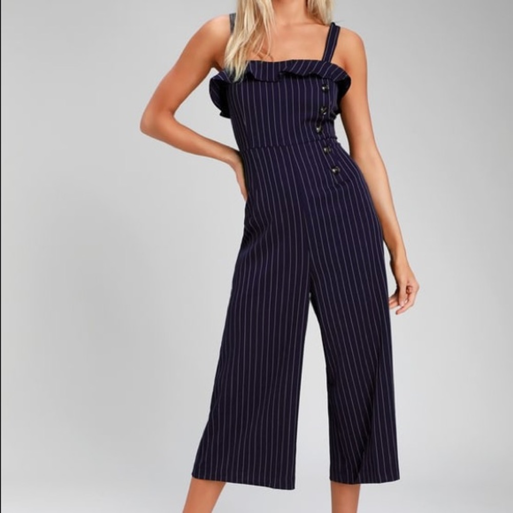 Lulus.com Chantelle Navy Striped Culotte Jumpsuit
